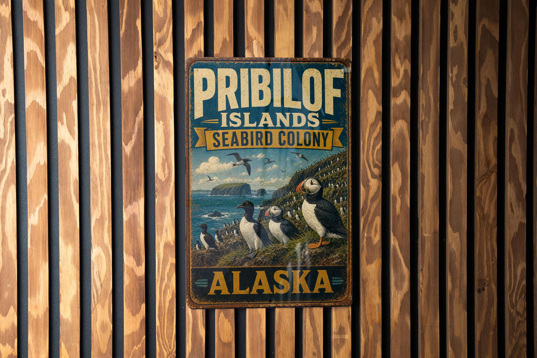A vintage metal sign for the "Pribilof Islands Seabird Colony" in Alaska, featuring illustrations of puffins and other seabirds.