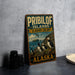 A vintage-style sign for the Pribilof Islands, Alaska, featuring illustrations of puffins and other sea birds.