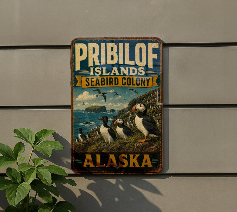 A vintage metal sign for the Pribilof Islands, Alaska, featuring illustrations of puffins and the text "Pribilof Islands Seabird Colony" and "Alaska".