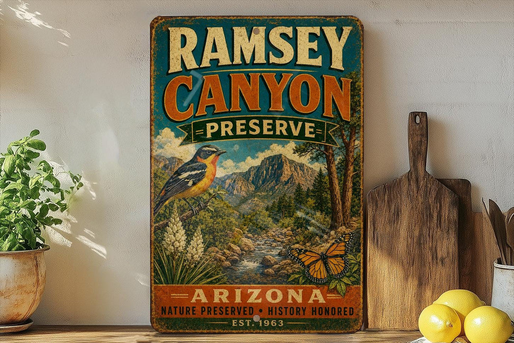 a vintage-style metal sign for Ramsey Canyon Preserve, with a bird and natural scenery on the sign. The sign is displayed on a shelf next to a wooden cutting board and a potted plant.