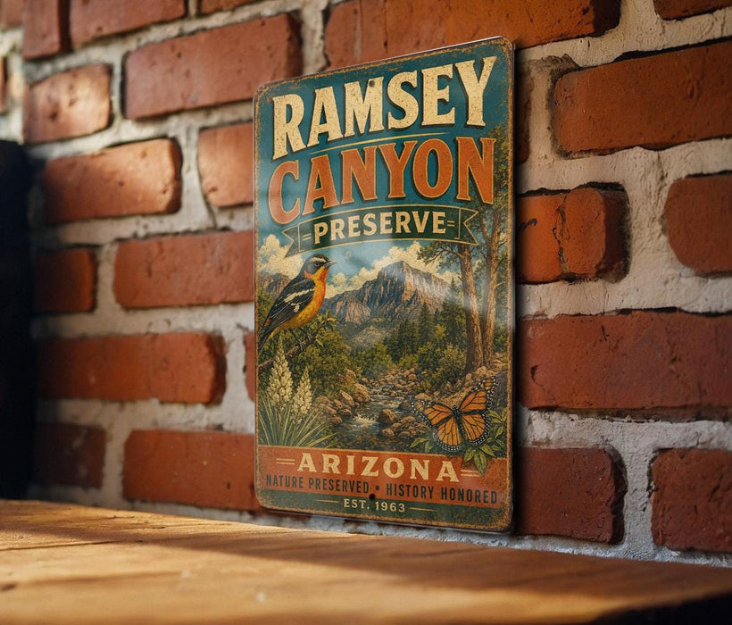 A vintage metal sign for Ramsey Canyon Preserve, featuring a bird and a mountain landscape, is displayed on a brick wall.