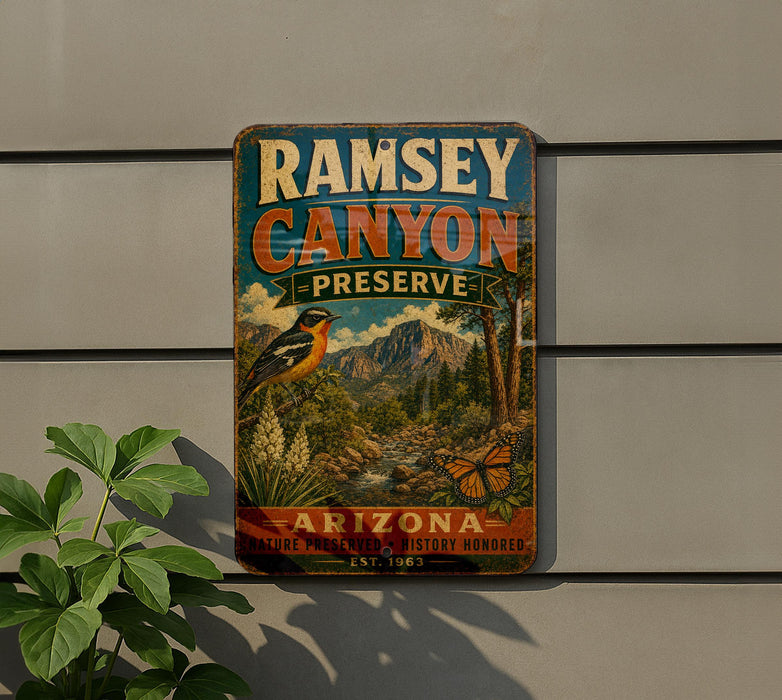 a vintage metal sign for Ramsey Canyon Preserve in Arizona, with a bird and a butterfly in the background.