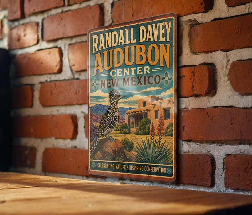 A vintage-style metal sign for Randall Davey Audubon Center in New Mexico, featuring a bird and desert landscape.