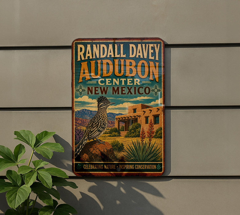 A vintage-style metal sign for Randall Davey Audubon Center in New Mexico, featuring a bird and desert landscape.