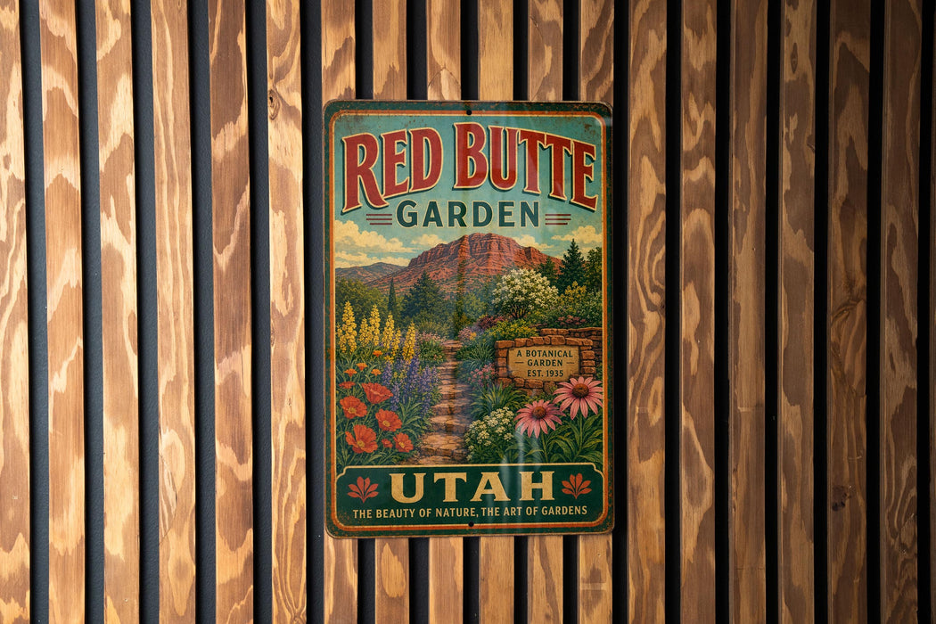A vintage-style metal sign for the Red Butte Garden in Utah, featuring a scenic landscape with mountains, flowers, and a winding path.