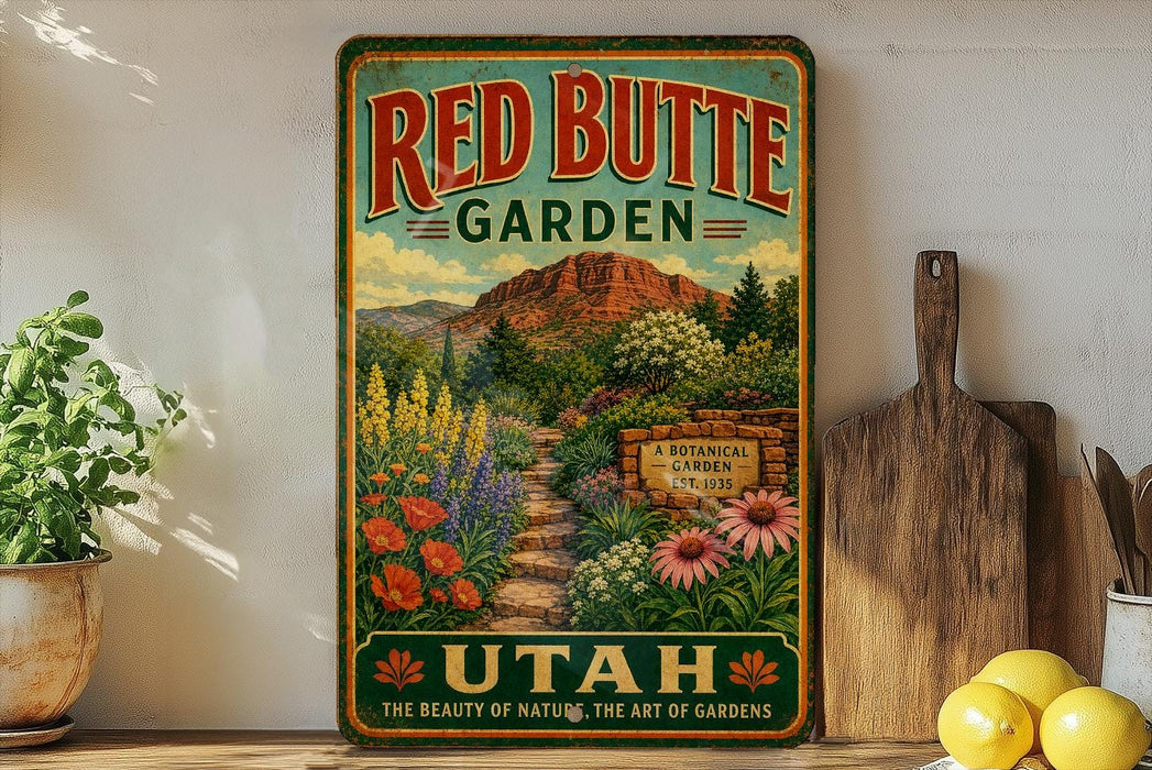 a vintage-style sign for the Red Butte Garden in Utah, with a scenic mountain landscape and colorful flowers.