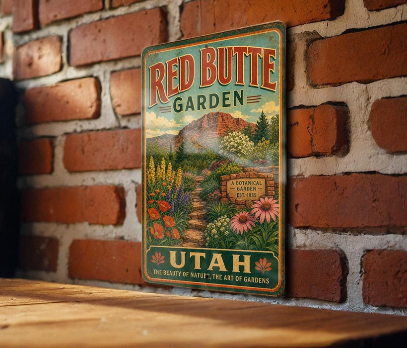 A vintage-style metal sign for the Red Butte Garden in Utah, featuring a scenic illustration of a garden path surrounded by colorful flowers and plants.