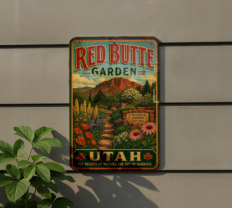 A vintage-style metal sign for the Red Butte Garden in Utah, featuring a scenic illustration of a garden with flowers, plants, and a mountain backdrop.