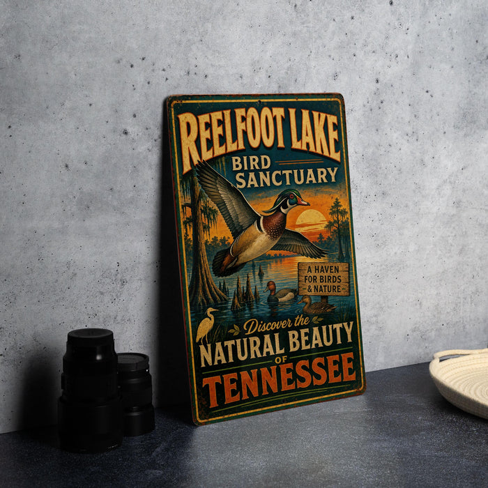 A vintage-style metal sign for Reelfoot Lake Bird Sanctuary, featuring an illustration of a bird in flight and text promoting the sanctuary's natural beauty and wildlife.