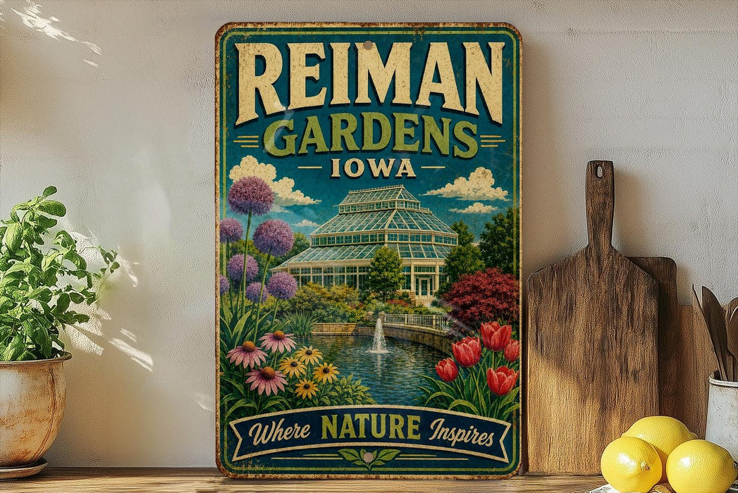 A vintage-style metal sign for Reiman Gardens in Iowa, featuring a lush garden scene with a greenhouse, flowers, and a pond.