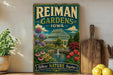 A vintage-style metal sign for Reiman Gardens in Iowa, featuring a lush garden scene with a greenhouse, flowers, and a pond.
