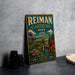 A vintage-style metal sign for Reiman Gardens in Iowa, featuring a greenhouse and colorful flowers, is displayed on a gray countertop next to some black camera lenses.