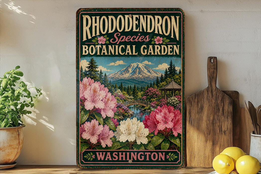 A vintage-style sign for the Rhododendron Species Botanical Garden in Washington, featuring a scenic landscape with a mountain and flowers.