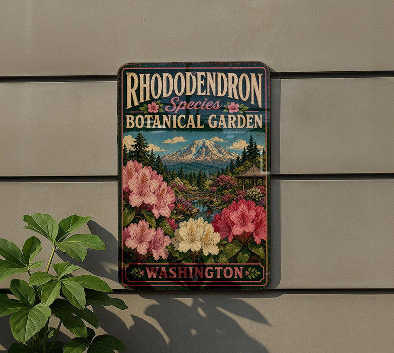 A vintage-style metal sign for the Rhododendron Species Botanical Garden in Washington, featuring a scenic landscape with a mountain and colorful flowers.