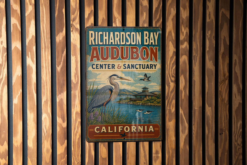 A vintage metal sign for the Audubon Center & Sanctuary in Richardson Bay, California.