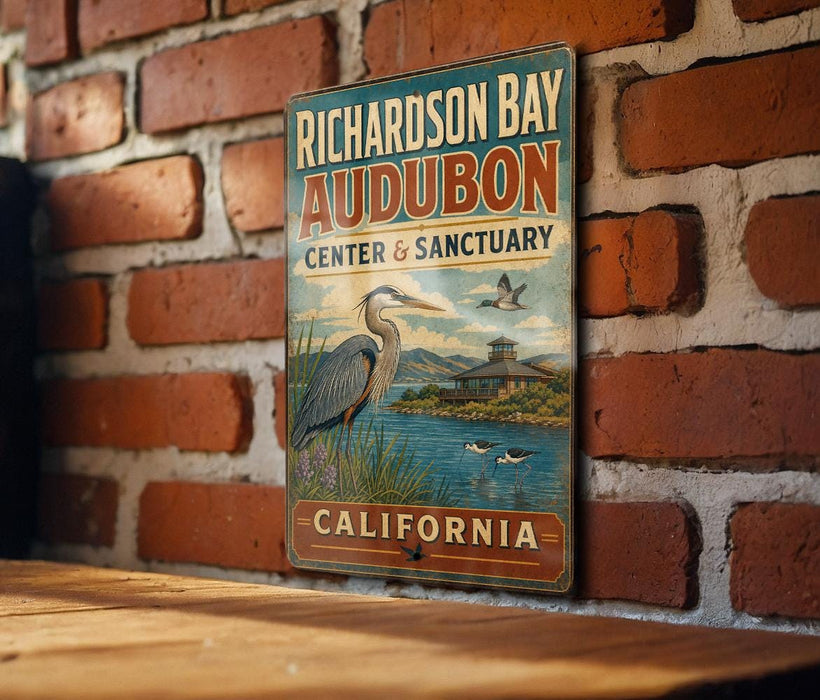 A vintage-style metal sign for the Audubon Center and Sanctuary in California, featuring an illustration of a heron and a bird in a natural setting.