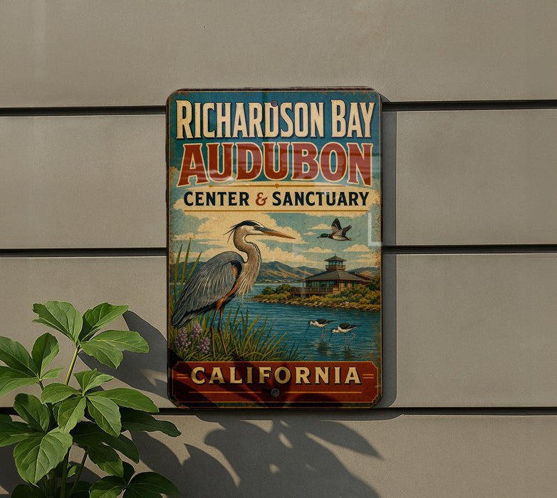 A vintage-style sign for the Audubon Center and Sanctuary in Richardson Bay, California.