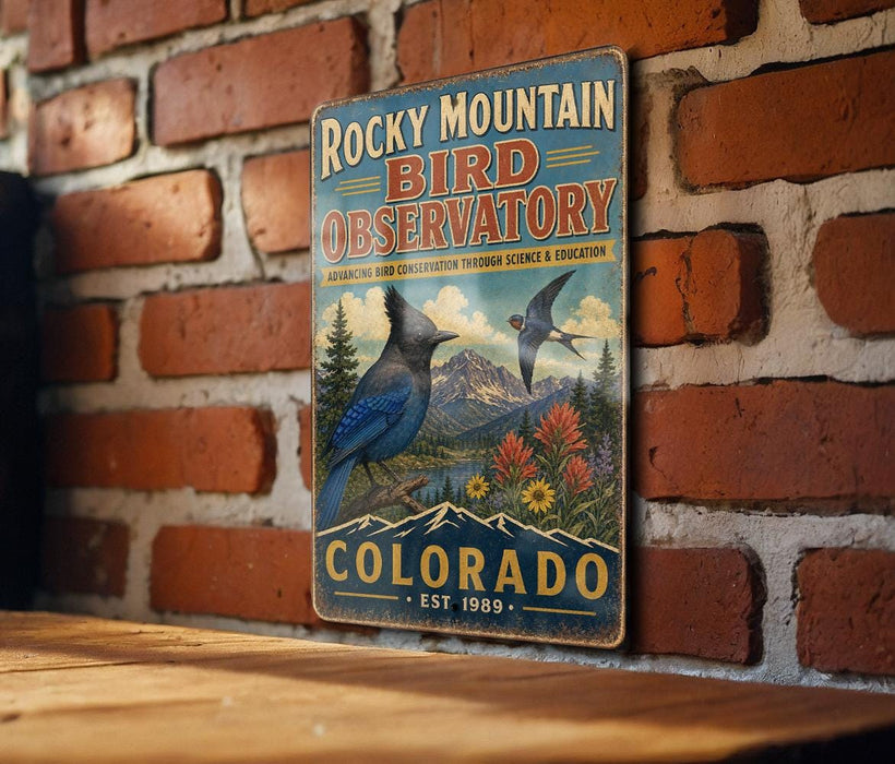 A vintage-style metal sign for Rocky Mountain Bird Observatory in Colorado, featuring a blue bird and a mountain landscape.