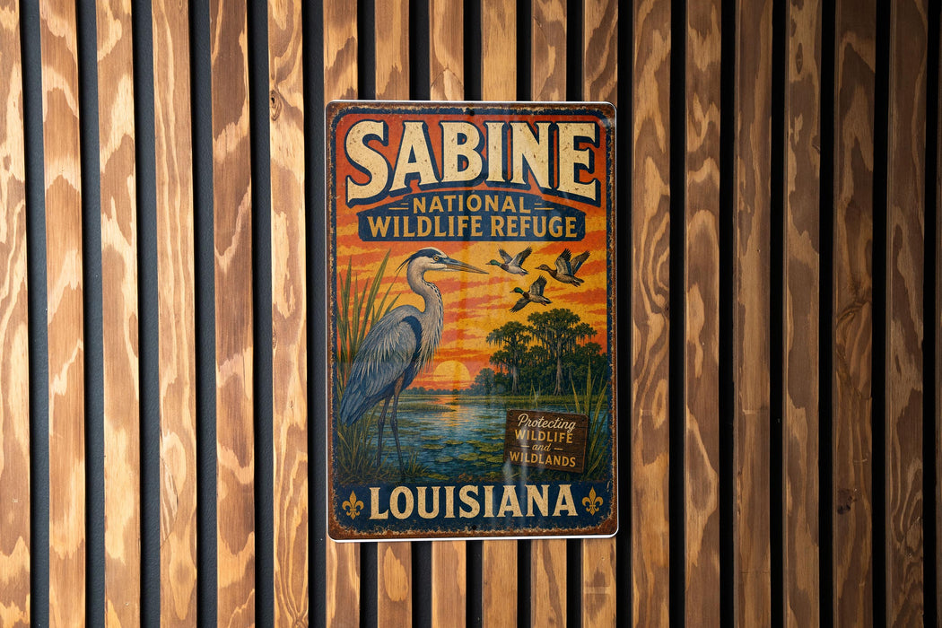 A vintage-style metal sign for the Sabine National Wildlife Refuge in Louisiana, featuring an illustration of a heron and a sunset landscape.