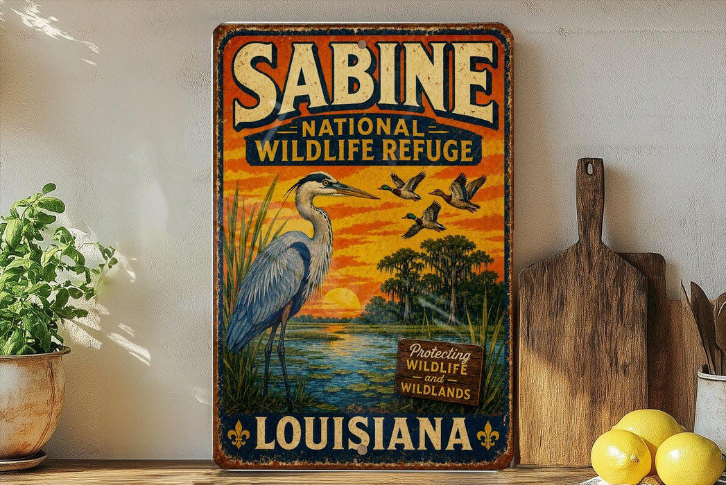 A vintage-style metal sign for Sabine National Wildlife Refuge in Louisiana, featuring an illustration of a blue heron and birds in flight against a sunset landscape.