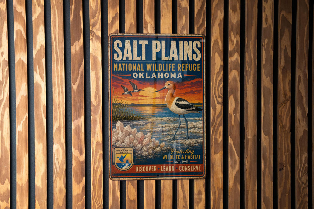 A vintage metal sign for the Salt Plains National Wildlife Refuge in Oklahoma, featuring an illustration of a bird and a sunset landscape.