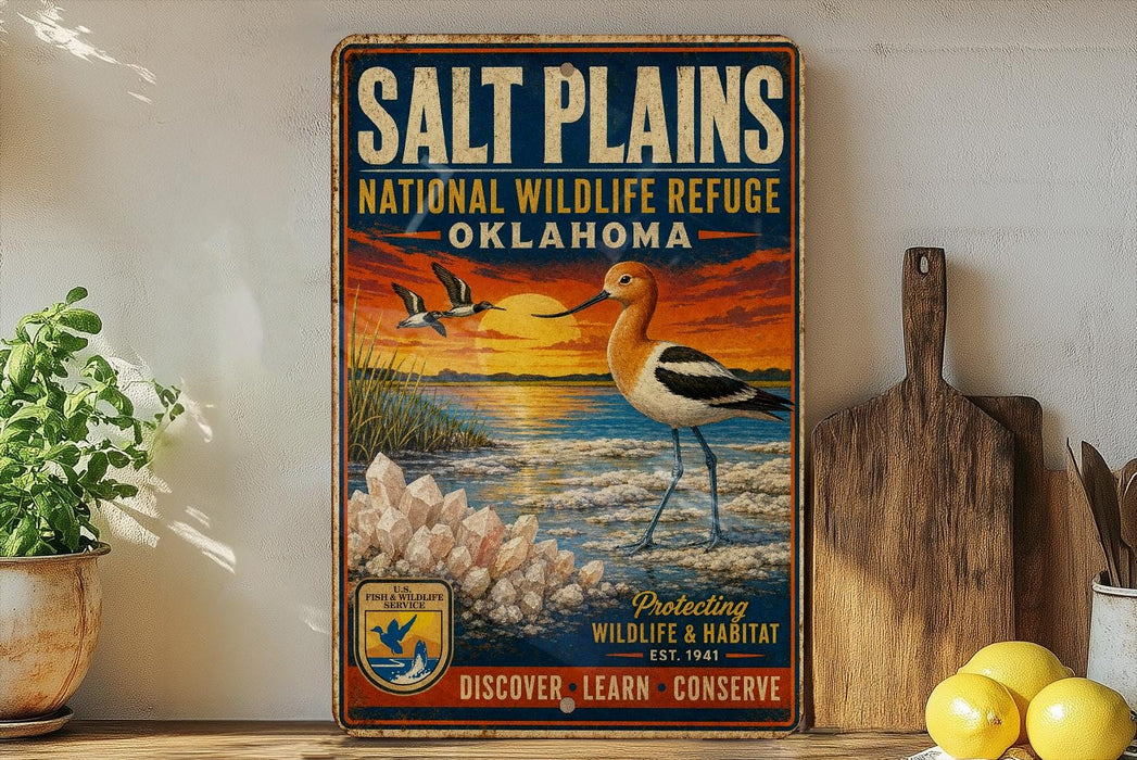 A vintage-style metal sign for the Salt Plains National Wildlife Refuge in Oklahoma, featuring an illustration of a bird and a sunset over a body of water.