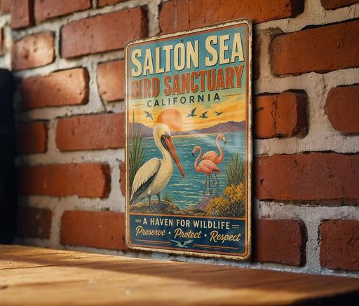 A vintage-style metal sign for the Salton Sea Bird Sanctuary in California, featuring illustrations of a pelican and flamingos.
