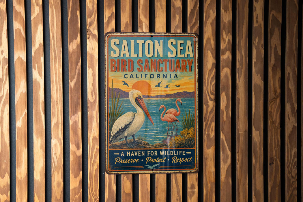 A vintage metal sign for the Salton Sea Bird Sanctuary in California, featuring a seagull and flamingos, is displayed on a wooden wall.