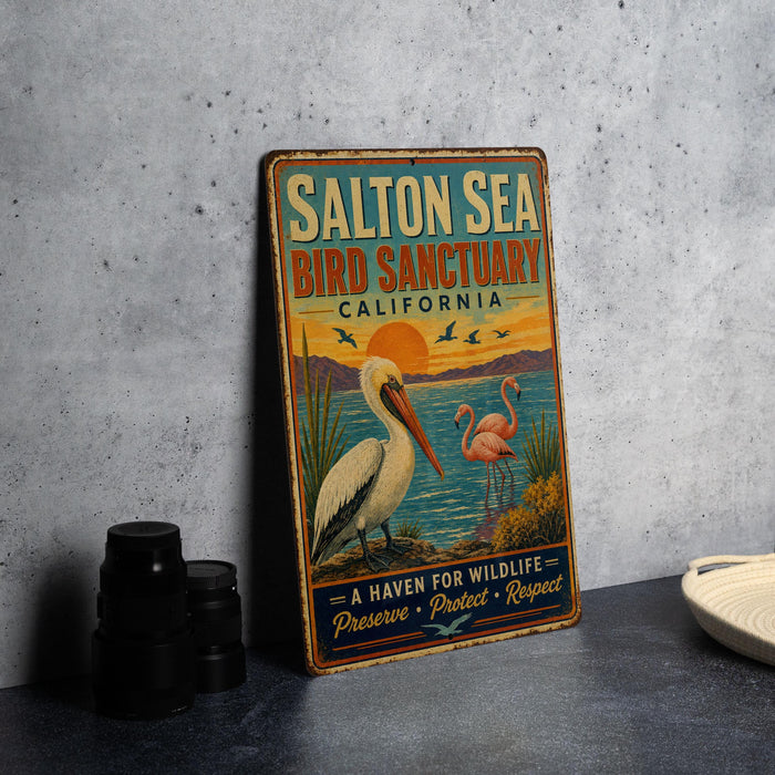 A vintage metal sign for the Salton Sea Bird Sanctuary in California, featuring illustrations of pelicans and flamingos, along with the text "A Haven for Wildlife Preserve • Protect • Respect".