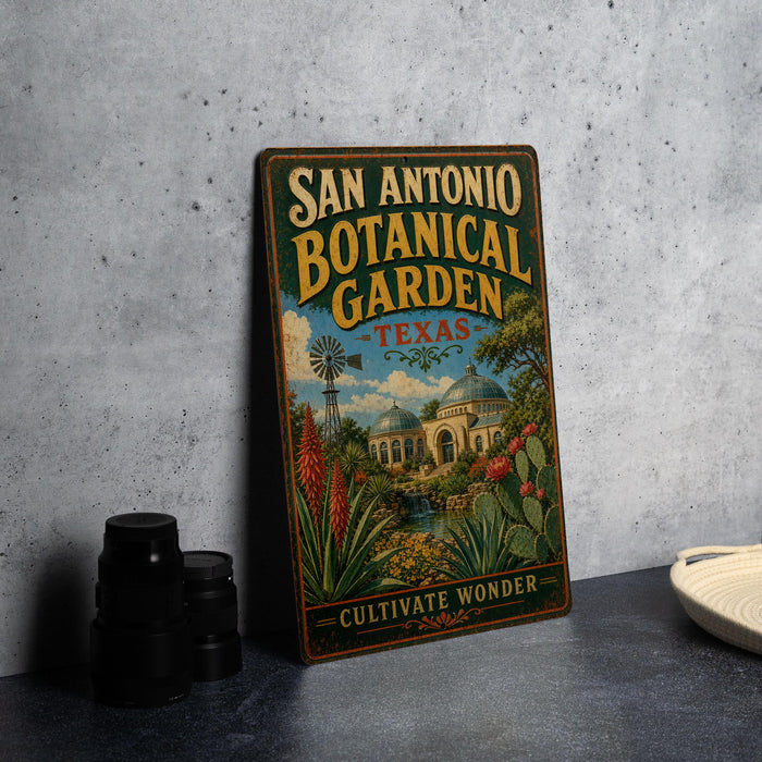 A vintage-style metal sign for the San Antonio Botanical Garden in Texas, featuring an illustration of a windmill and a garden scene.