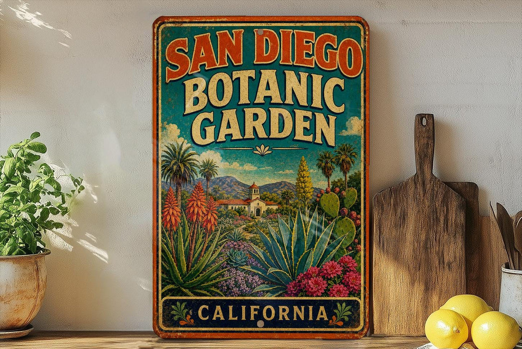 A vintage-style sign for the San Diego Botanic Garden in California, featuring colorful illustrations of various plants and flowers.