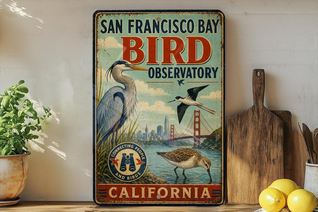 A vintage-style metal sign for the San Francisco Bay Bird Observatory in California, featuring illustrations of various bird species and the Golden Gate Bridge.