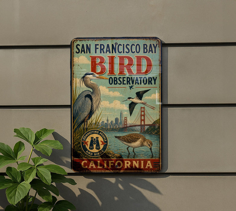 A vintage-style metal sign for the San Francisco Bay Bird Observatory in California, featuring illustrations of birds, a bridge, and a city skyline.