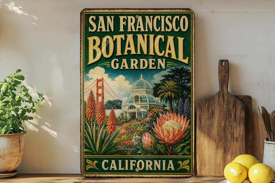 A vintage-style sign for the San Francisco Botanical Garden in California, featuring illustrations of the Golden Gate Bridge, palm trees, and various plants.