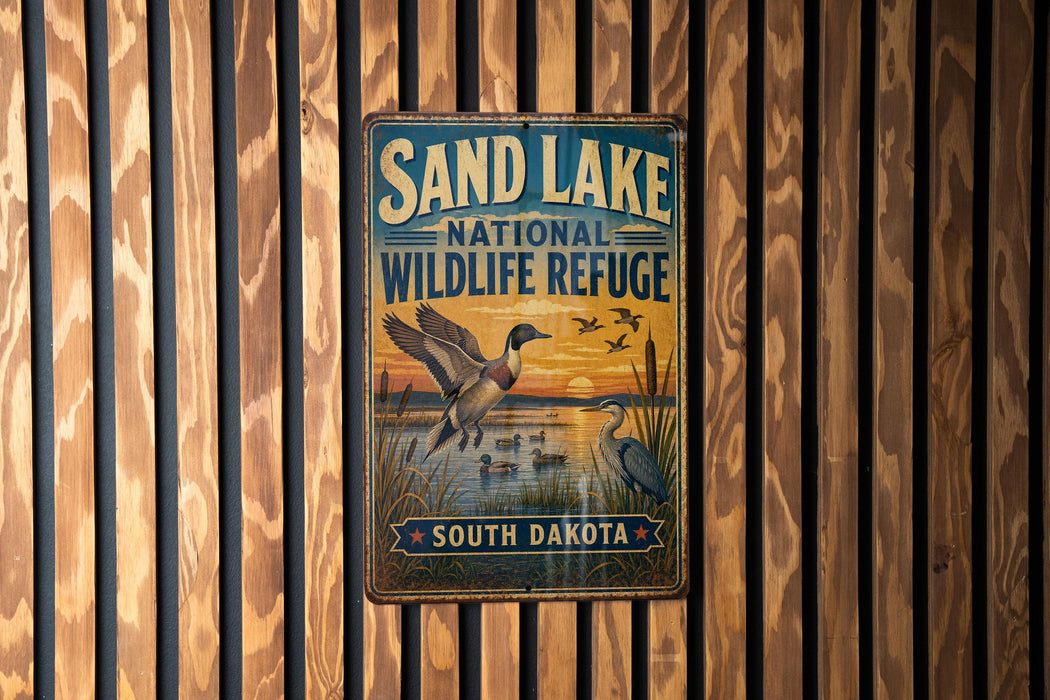 A metal sign with a vintage design hangs on a wooden wall, featuring a bird and a duck in flight against a sunset backdrop.