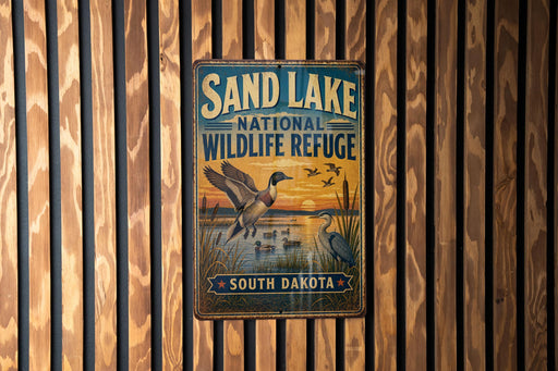 A metal sign with a vintage design hangs on a wooden wall, featuring a bird and a duck in flight against a sunset backdrop.