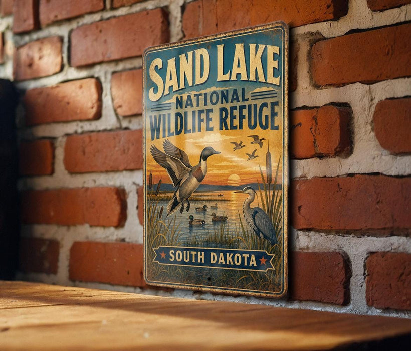 A vintage-style metal sign for the Sand Lake National Wildlife Refuge in South Dakota, featuring an illustration of ducks and other wildlife against a sunset backdrop.