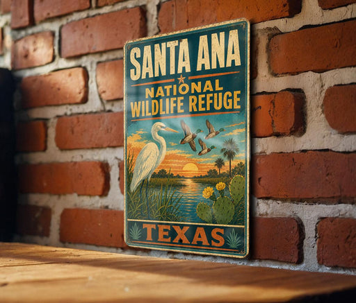 A vintage-style metal sign for the Santa Ana National Wildlife Refuge in Texas, featuring an illustration of a bird, cactus, and sunset.