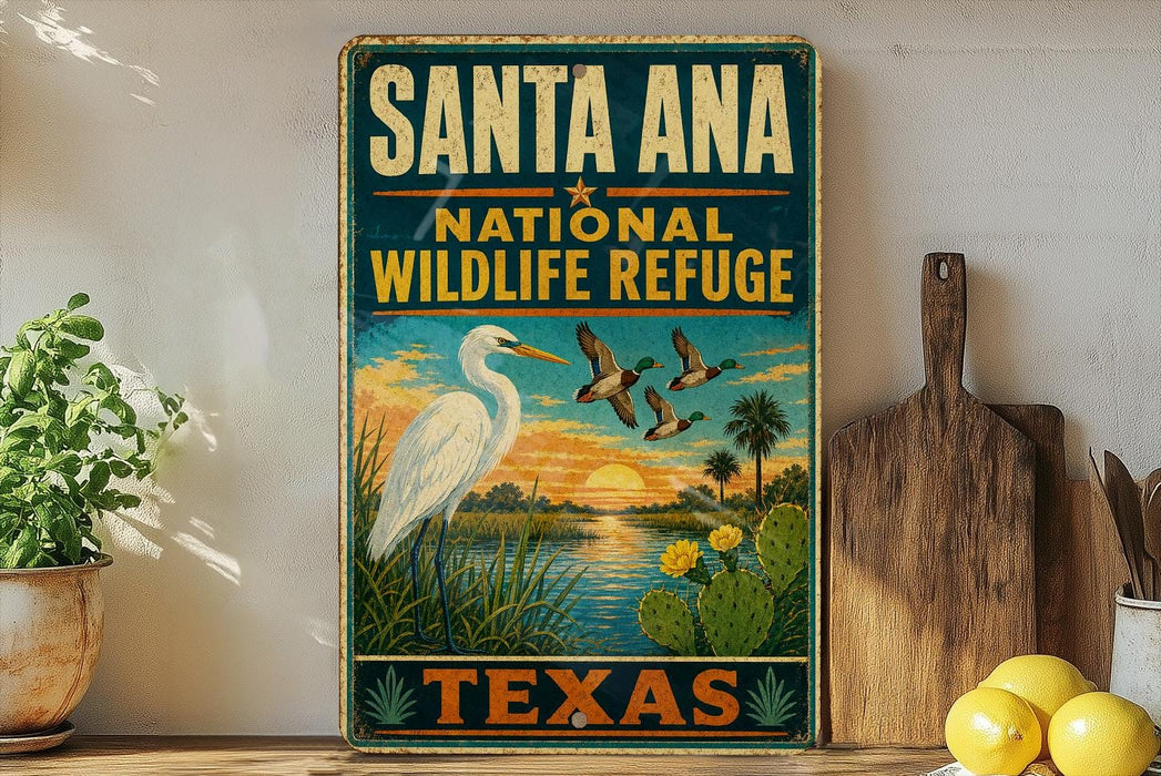 A vintage-style sign for Santa Ana National Wildlife Refuge in Texas, featuring an illustration of a white egret, ducks, and a sunset landscape.