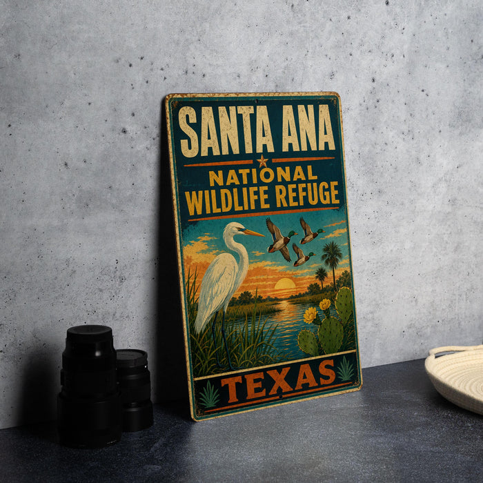 A vintage-style sign for the Santa Ana National Wildlife Refuge in Texas, featuring an illustration of a white egret and other wildlife in a natural setting.