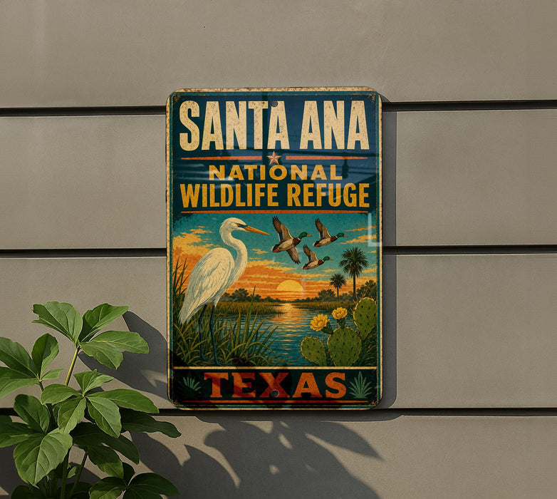 A vintage-style sign for the Santa Ana National Wildlife Refuge in Texas, featuring a white egret, palm trees, and a sunset landscape.
