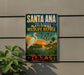 A vintage-style sign for the Santa Ana National Wildlife Refuge in Texas, featuring a white egret, palm trees, and a sunset landscape.