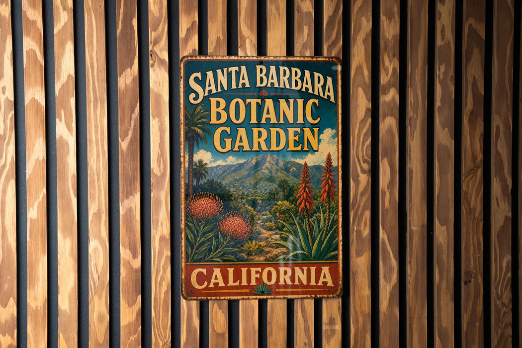A vintage-style metal sign for Santa Barbara Botanic Garden in California, featuring a tropical landscape with palm trees and colorful flowers.