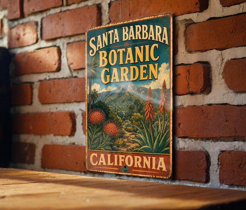 A vintage-style metal sign for Santa Barbara Botanic Garden in California, featuring a colorful illustration of the garden's flora and fauna.