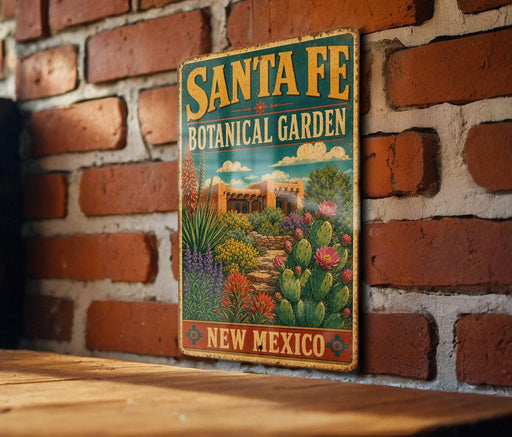 A vintage-style metal sign for the Santa Fe Botanical Garden in New Mexico, featuring a colorful illustration of a desert landscape with cacti, flowers, and a building.