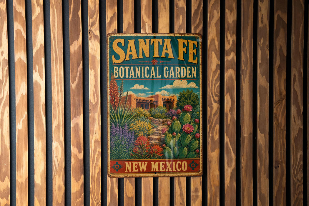A vintage-style metal sign for the Santa Fe Botanical Garden in New Mexico, featuring a colorful illustration of a desert landscape with cacti, flowers, and a building.