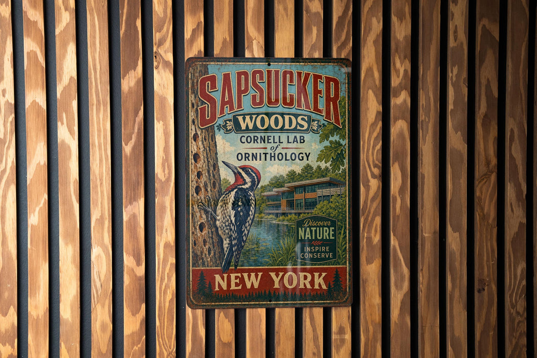 A vintage metal sign with the text "SAPSUCKER WOODS CORNELL LAB ORNITHOLOGY" and "Discover NATURE INSPIRE CONSERVE" is displayed on a wooden wall.