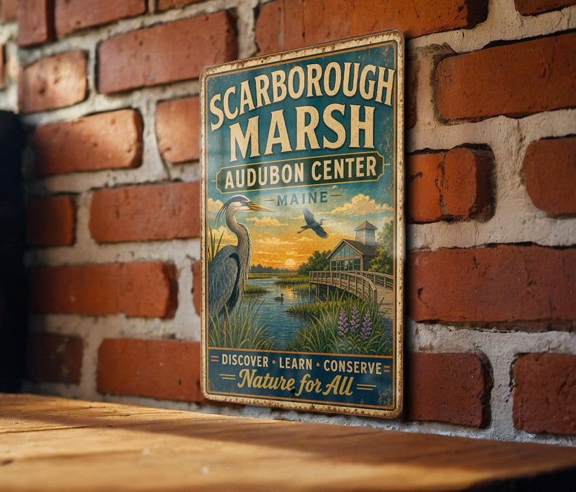 A vintage metal sign for the Audubon Center in Maine, featuring a scenic illustration of a marsh and a bird, mounted on a brick wall.