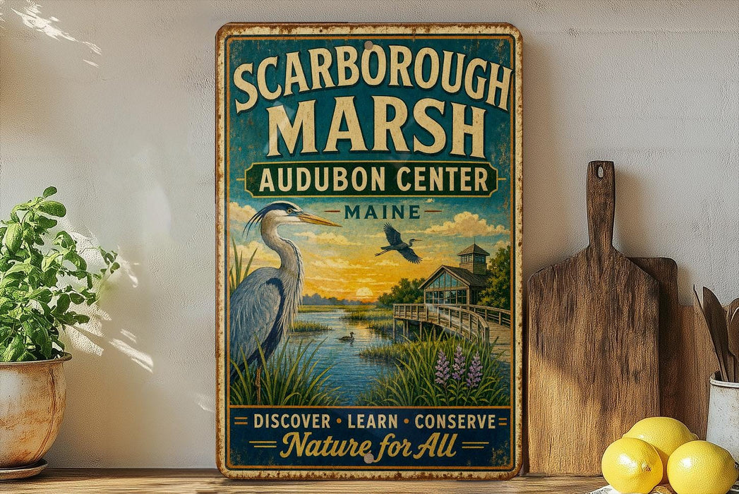 A vintage-style sign for the Audubon Center in Maine, featuring an illustration of a heron and a sunset over a lake.