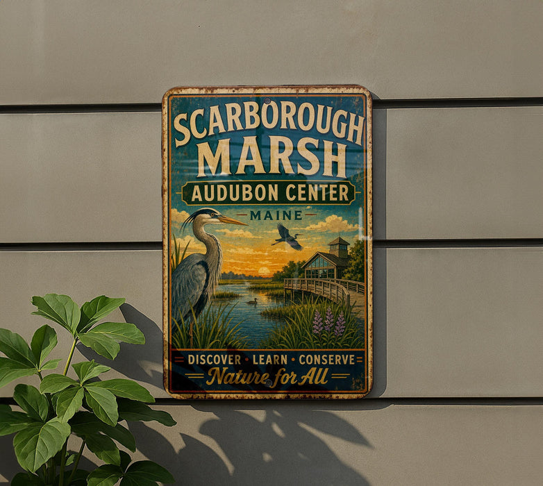 A vintage metal sign for the Audubon Center in Maine, featuring an illustration of a heron and a scenic landscape.